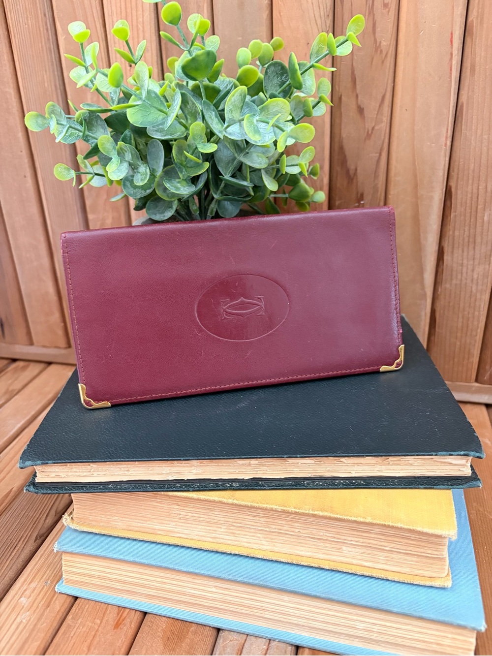 Cartier Paris Vintage Burgundy Leather Long Wallet, Gold Corner